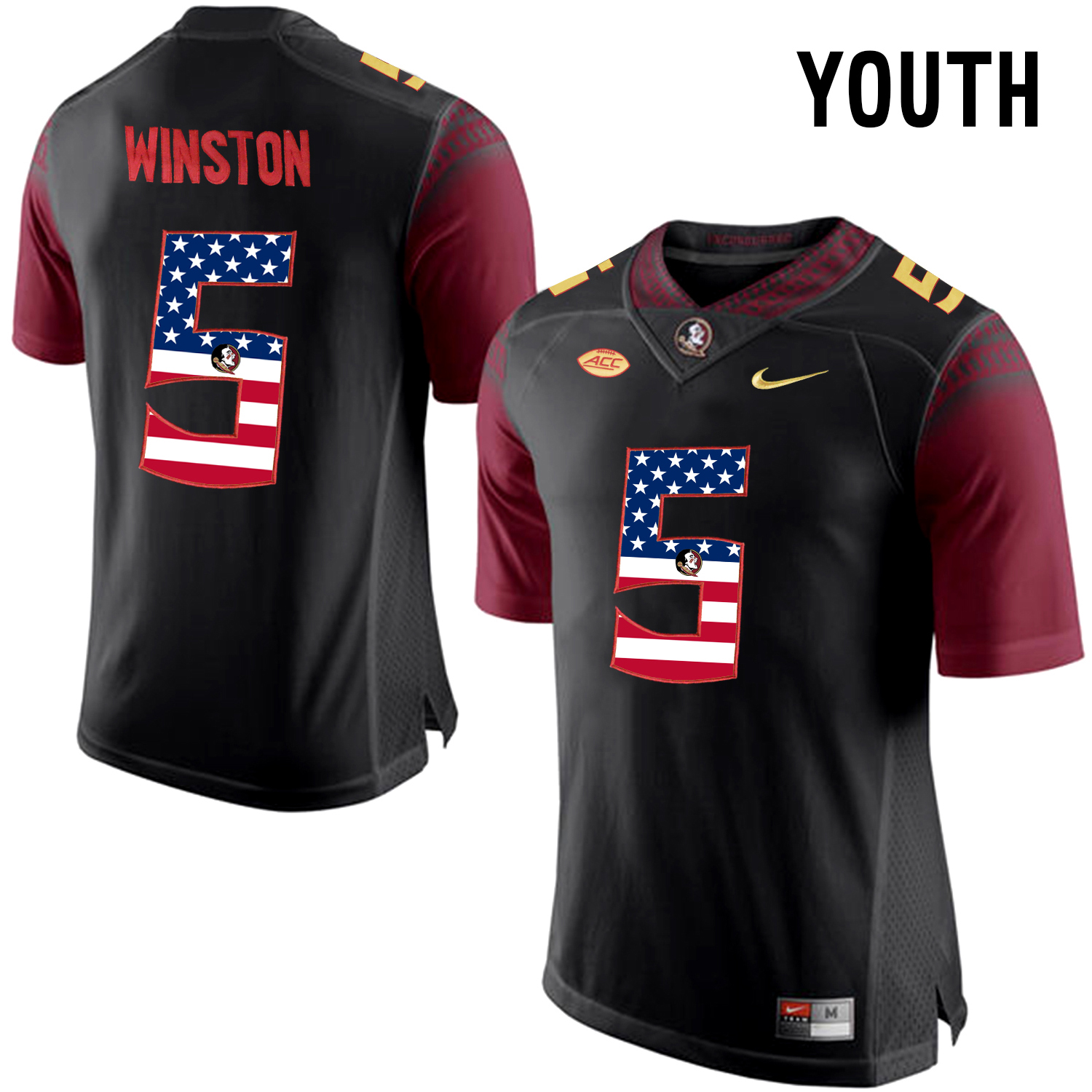 US Flag Fashion Youth Florida State Seminoles Jameis Winston #5 College Football Limited Jersey  Black->youth ncaa jersey->Youth Jersey